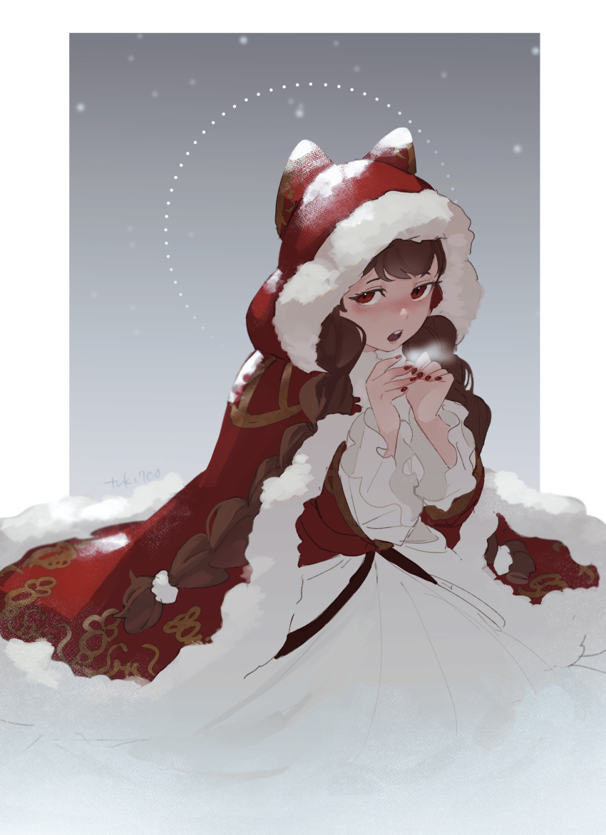 1girl absurdres blush braid breath brown_hair cloak cold dress fur-trimmed_cloak fur_trim grey_background hands_up highres hood hooded_cloak long_hair looking_to_the_side nail_polish nanahyaku_torako on_ground open_mouth original red_eyes red_nails snow snowing solo twin_braids winter winter_clothes