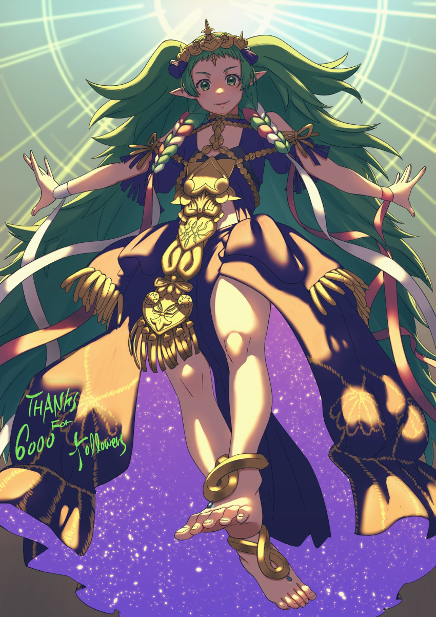 1girl aduti_momoyama anklet bare_shoulders closed_mouth clothing_cutout fingernails fire_emblem fire_emblem:_three_houses gradient gradient_background green_eyes green_hair headpiece highres jewelry long_hair looking_at_viewer milestone_celebration outstretched_arms pink_wristband pointy_ears ribbon short_bangs shoulder_cutout sleeve_ribbon smile solo sothis_(fire_emblem) spread_arms toenails twintails very_long_hair white_wristband wristband yellow_ribbon
