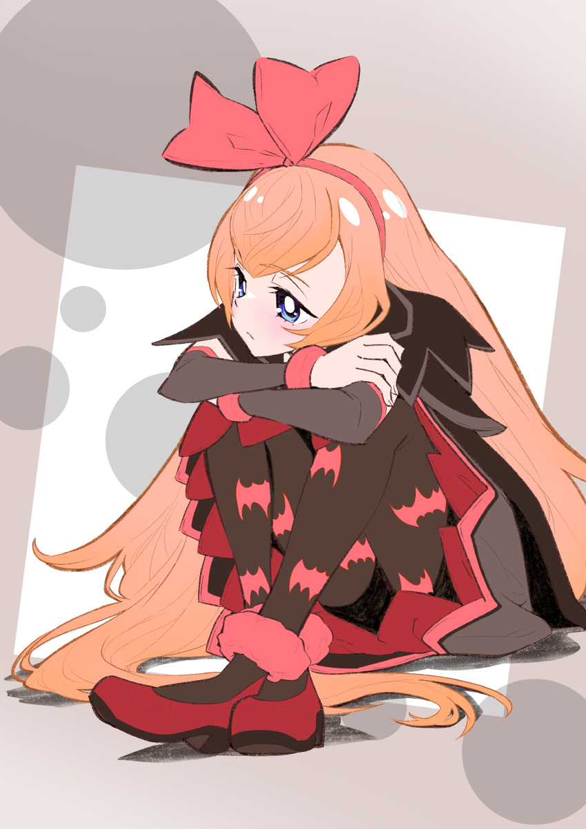 1girl absurdres animal_print bangs bat_print blonde_hair blue_eyes bow commentary_request cropped_jacket dokidoki!_precure dress grey_dress hair_bow highres itaoka1 long_hair pantyhose precure print_legwear red_footwear regina_(dokidoki!_precure) sitting solo