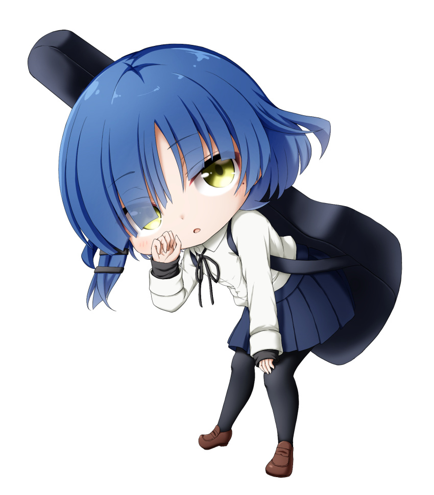 1girl bangs black_pantyhose black_ribbon blue_hair blue_skirt bocchi_the_rock! brown_footwear chibi collared_shirt dress_shirt full_body hair_over_one_eye highres instrument_case kuena leaning_forward loafers long_sleeves looking_at_viewer neck_ribbon pantyhose parted_lips pleated_skirt ribbon shirt shoes simple_background skirt sleeves_past_wrists solo standing white_background white_shirt yamada_ryou yellow_eyes