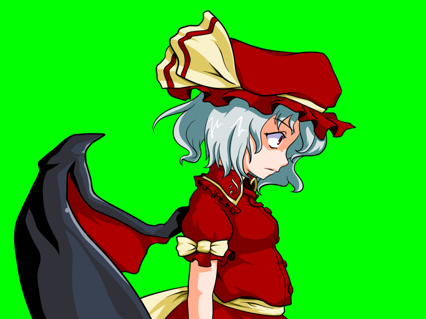 1girl agni_(mugen) bat_wings black_wings closed_mouth elma-ds_(dollssong) from_side green_background hat hat_ribbon highres m.u.g.e.n red_eyes red_headwear remilia_scarlet ribbon short_hair short_sleeves simple_background solo touhou upper_body white_hair wings yellow_ribbon