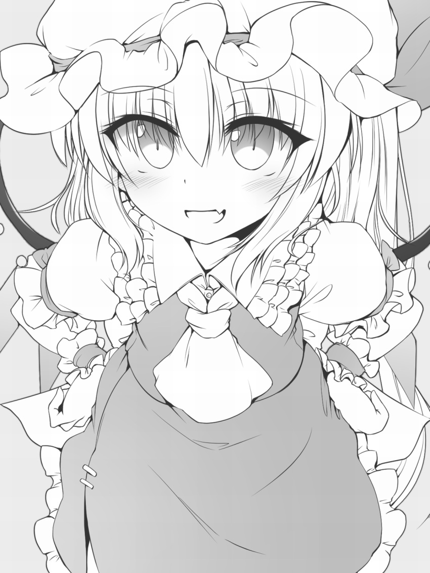 1girl ascot back_bow bow collared_shirt fang flandre_scarlet frilled_shirt_collar frilled_skirt frilled_sleeves frills greyscale hair_between_eyes hands_on_hips hat hat_ribbon highres looking_at_viewer marukyuu_ameya mob_cap monochrome open_mouth puffy_short_sleeves puffy_sleeves ribbon ribbon-trimmed_headwear ribbon_trim shirt short_sleeves skin_fang skirt skirt_set solo touhou vest wings