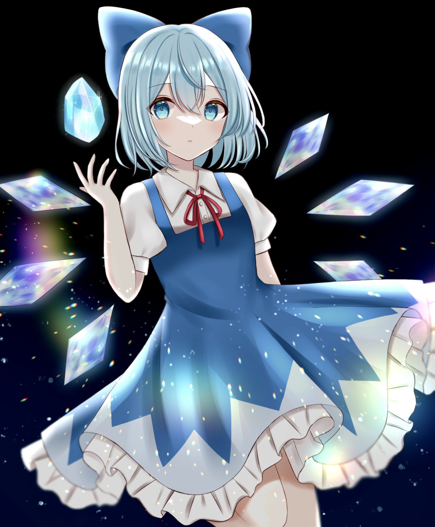 1girl blue_bow blue_dress blue_eyes blue_hair bow cirno closed_mouth collared_shirt detached_wings dress fairy frilled_dress frills hair_between_eyes hair_bow highres ice ice_wings piyoru_nico puffy_short_sleeves puffy_sleeves shirt short_hair short_sleeves solo touhou white_shirt wings