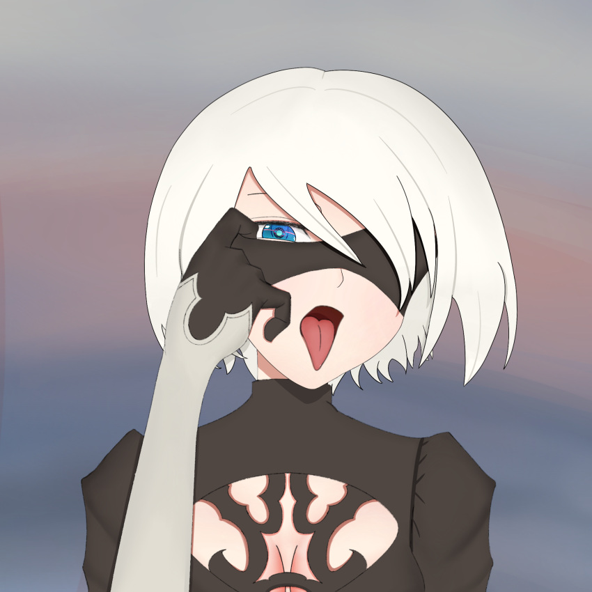 berkee blue_eyes hand_on_own_face highres nier_(series) nier_automata non-web_source self_upload short_hair solo tongue tongue_out white_hair yorha_no._2_type_b
