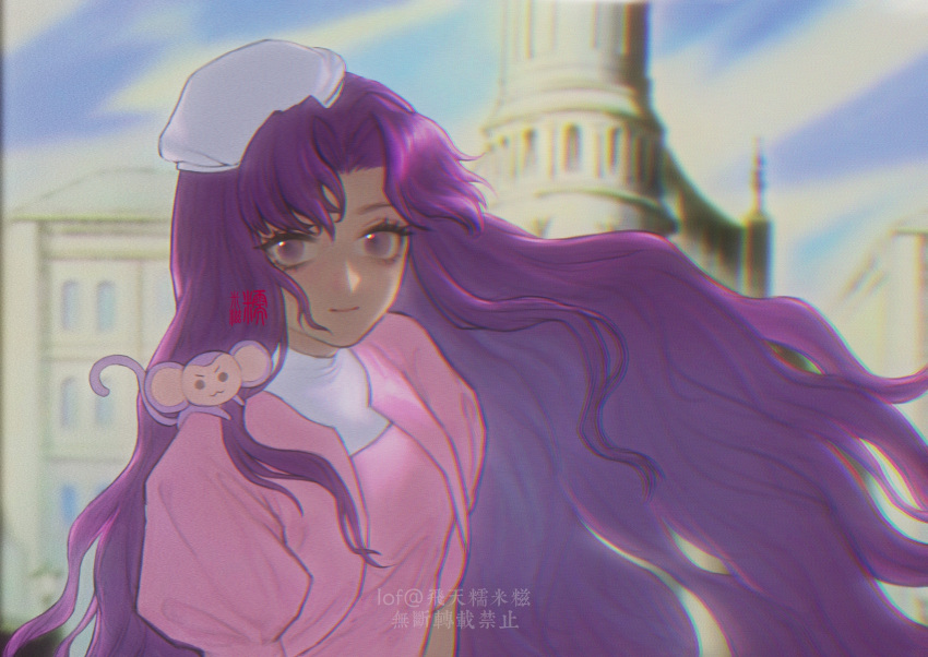 1girl absurdres bangs chu_chu_(shoujo_kakumei_utena) closed_mouth clouds dark-skinned_female dark_skin day dress emmmwuyan hat highres himemiya_anthy long_hair looking_at_viewer monkey outdoors purple_dress purple_hair shoujo_kakumei_utena smile solo upper_body very_long_hair violet_eyes white_headwear