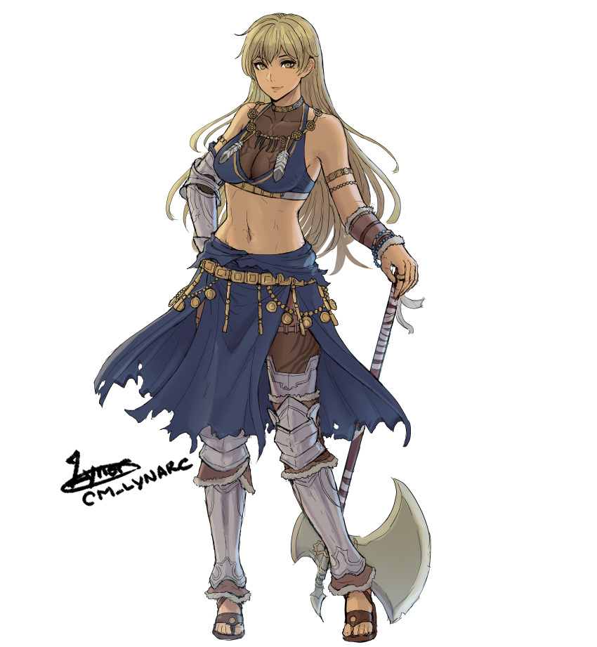 1girl absurdres alternate_costume armlet armor axe blonde_hair cm_lynarc commission commissioner_upload dark-skinned_female dark_skin feathers fire_emblem fire_emblem:_the_binding_blade highres igrene_(fire_emblem) jewelry long_hair looking_at_viewer midriff mole mole_under_eye necklace non-web_source sandals solo yellow_eyes
