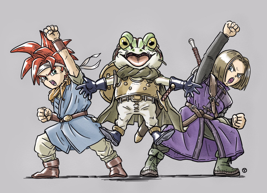 3boys armor bangs belt black_footwear black_gloves black_pants black_shirt black_sleeves blue_tunic blunt_ends boots breastplate brown_footwear brown_hair cape chrono_trigger clenched_hands colored_skin crono_(chrono_trigger) crossover dragon_quest dragon_quest_xi frog_(chrono_trigger) frog_boy full_body furrowed_brow gloves green_footwear green_skin grey_background grey_cape grey_pants grey_shirt headband hero_(dq11) highres horizontal_pupils jacket lace-up_legwear long_sleeves male_focus multicolored_skin multiple_belts multiple_boys neckerchief orange_neckerchief outstretched_arms pants parted_bangs purple_jacket raised_fist redhead scabbard sheath shield shirt short_hair short_sleeves shouting sleeveless sleeveless_jacket spiky_hair sword toriyama_akira_(style) two-tone_skin weapon weapon_on_back white_headband white_pants white_skin wristband yellow_eyes yuto_sakurai