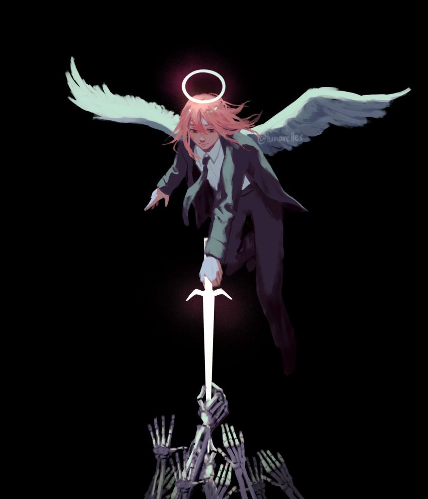 1boy angel angel_devil_(chainsaw_man) angel_wings black_background black_jacket black_necktie black_pants chainsaw_man collared_shirt dark_background disembodied_limb energy_sword feathered_wings floating_hair floating_necktie formal halo highres holding holding_sword holding_weapon jacket looking_down lunarelles necktie pants pink_hair shirt shirt_tucked_in simple_background skeletal_arm solo_focus suit suit_jacket sword twitter_username weapon white_shirt white_wings wings