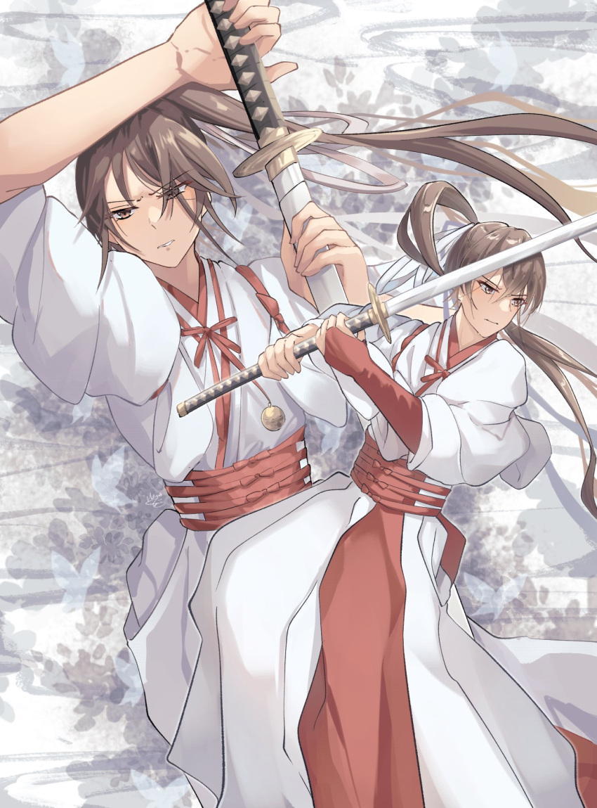 1girl bangs bell bridal_gauntlets brown_hair clenched_teeth floral_background hanna_(y_m_d_jgkrk) high_ponytail highres holding holding_sword holding_weapon jigokuraku katana long_hair looking_at_viewer looking_to_the_side robe sword teeth weapon white_robe yamada_asaemon_sagiri