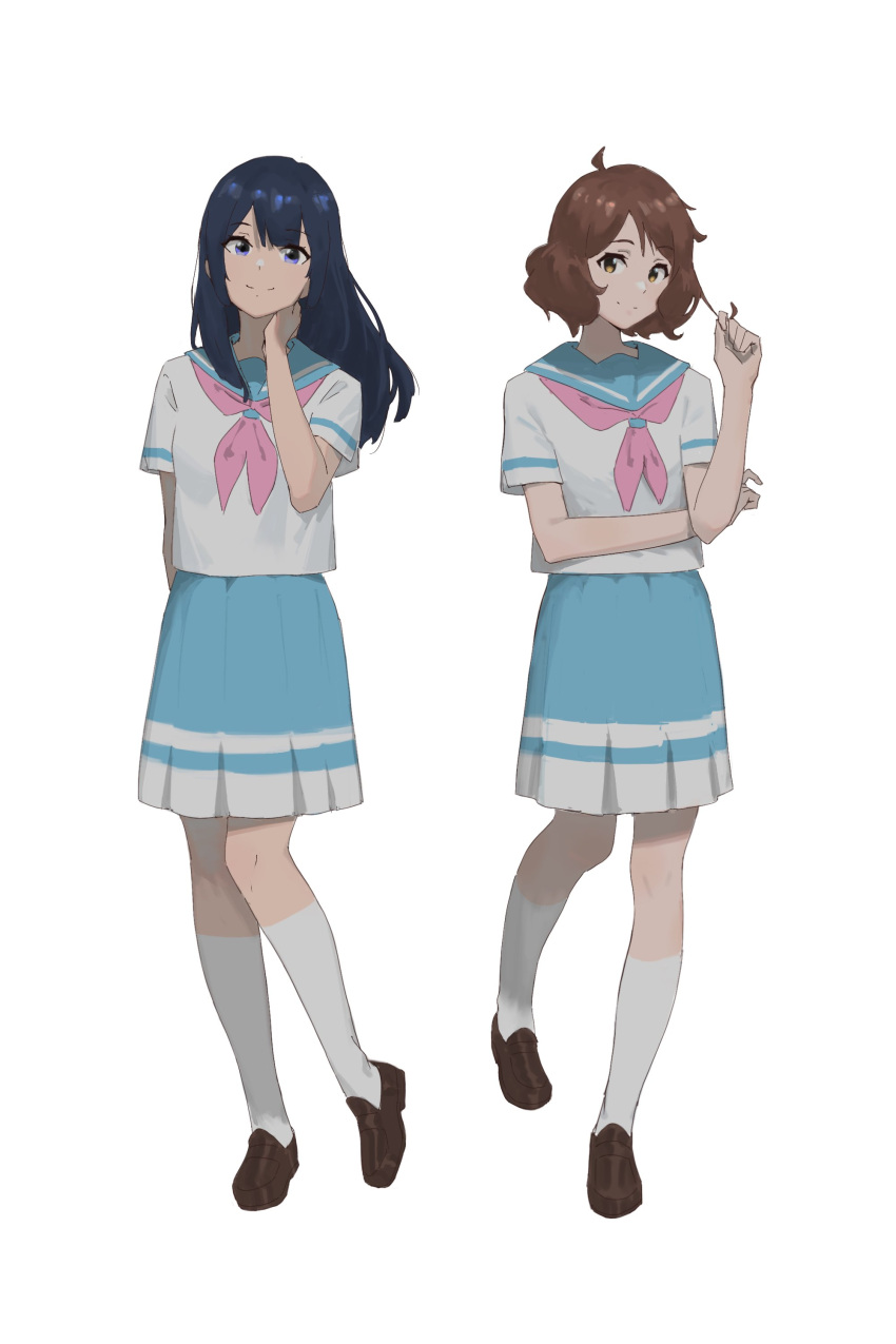 2girls absurdres bangs black_hair blue_eyes blue_sailor_collar blue_skirt blush brown_eyes brown_footwear brown_hair closed_mouth hand_up hibike!_euphonium highres kitauji_high_school_uniform kneehighs kousaka_reina loafers long_hair looking_at_viewer multiple_girls neckerchief oumae_kumiko pink_neckerchief pleated_skirt psylduck sailor_collar school_uniform serafuku shirt shoes short_hair short_sleeves simple_background skirt smile socks standing uniform white_background white_shirt white_socks