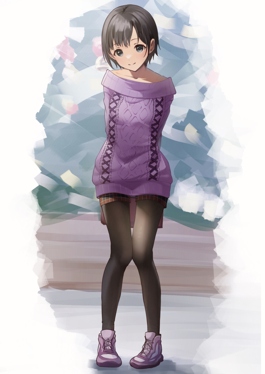 1girl absurdres arms_behind_back bag bangs black_hair breasts brown_pantyhose christmas_tree closed_mouth collarbone commentary_request cross-laced_clothes cross-laced_footwear full_body grey_eyes highres holding holding_bag idolmaster idolmaster_cinderella_girls knees_together_feet_apart long_sleeves looking_at_viewer medium_breasts off-shoulder_sweater off_shoulder otokura_yuuki pantyhose pantyhose_under_shorts pigeon-toed purple_footwear purple_sweater red_shorts shoes short_hair shorts smile sneakers solo standing sweater viq white_background