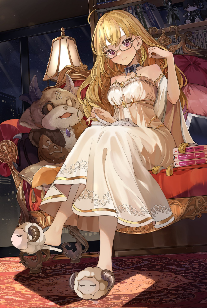 1girl :3 ahoge animal_slippers bangs bare_shoulders blonde_hair book book_on_lap book_stack bookshelf bow bowtie breasts city collarbone commentary_request couch debidebi_debiru dress eyewear_strap floor_lamp glass glasses grey-framed_eyewear hand_in_own_hair highres horns kirito lampshade long_hair looking_at_viewer medium_breasts nijisanji on_couch pillow red_carpet shawl sheep_horns shunka_tunacan sitting sky slippers solo star_(sky) starry_sky strapless strapless_dress stuffed_animal stuffed_toy swept_bangs sword_art_online tablet_pc takamiya_rion turning_page very_long_hair violet_eyes virtual_youtuber white_dress white_shawl