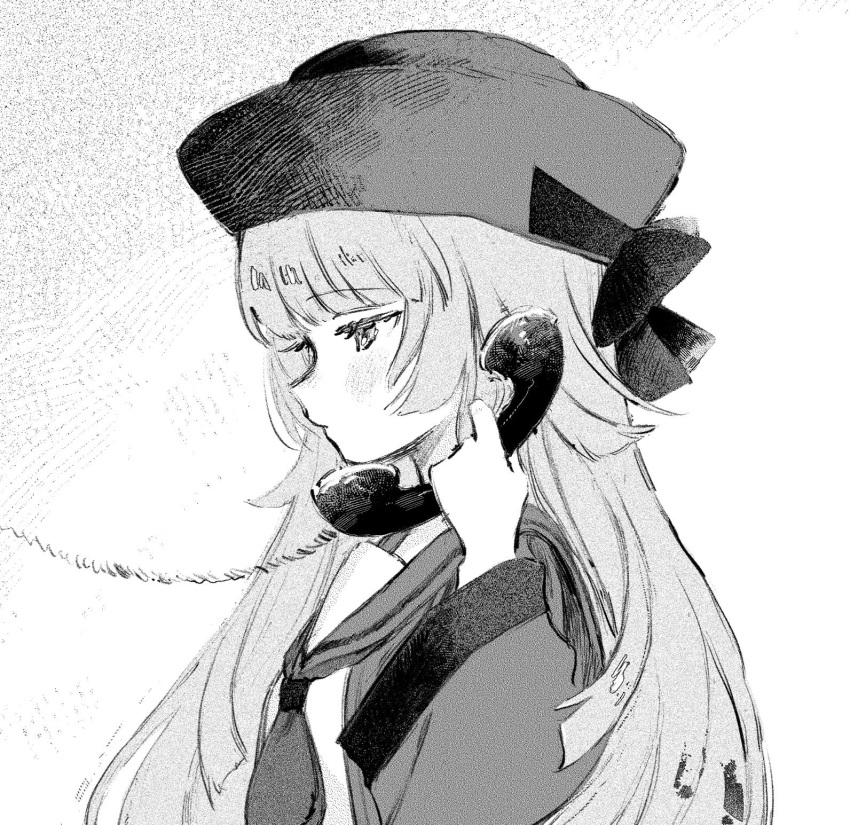 1girl bangs blunt_bangs bow expressionless gradient gradient_background greyscale hat hat_bow highres holding holding_phone long_hair monochrome neckerchief original phone profile sailor_collar solo upper_body wide_sleeves yorunogumo