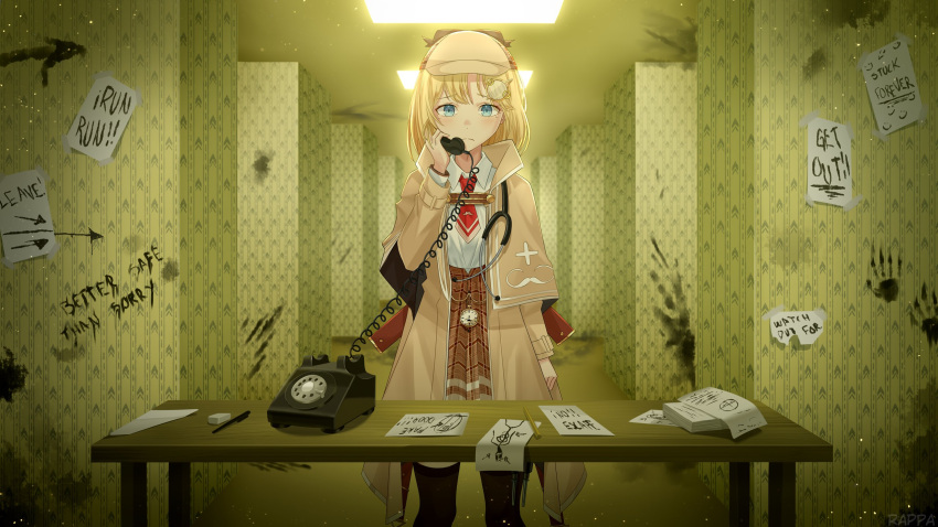 1girl backrooms_(creepypasta) blonde_hair bloody_handprints blue_eyes bob_cut brown_capelet brown_coat brown_headwear brown_skirt capelet coat collared_shirt deerstalker eraser frown hair_ornament hat high-waist_skirt highres holding holding_phone hololive hololive_english looking_at_viewer monocle_hair_ornament necktie paper pen phone plaid plaid_skirt pocket_watch rappa red_necktie rotary_phone shirt short_hair skirt solo stethoscope syringe syringe_holster table thigh_strap virtual_youtuber watch watson_amelia white_shirt yellow_theme