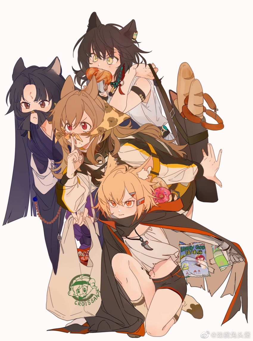 4girls animal_ears arknights bag bag_of_chips baguette bandana bandana_over_mouth beads bread cameo cape ceobe_(arknights) croissant_(arknights) dog_ears dog_girl doughnut earrings english_text exusiai_(arknights) food fox_ears fox_girl highres jewelry latutou1 linked_sausages lunacub_(arknights) mixed-language_text multiple_girls nian_(arknights) oripathy_lesion_(arknights) plastic_bag prayer_beads prosthesis prosthetic_arm quiver ramen saga_(arknights) shorts vermeil_(arknights) white_background wolf_ears wolf_girl