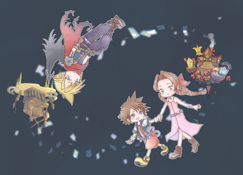 1girl 2boys aerith_gainsborough armor bangs bare_shoulders belt black_pants blonde_hair blue_eyes blue_shirt bluelimbo8888 boots bracelet braid braided_ponytail brown_footwear brown_hair building chain_necklace chibi cloak cloud_strife colosseum demon_wings dress final_fantasy final_fantasy_vii fingerless_gloves full_body gloves green_eyes grey_background hair_ribbon highres holding_hands jacket jewelry jumpsuit kingdom_hearts long_hair looking_at_another multiple_belts multiple_boys necklace official_alternate_costume open_mouth pants parted_bangs parted_lips pink_dress purple_belt red_cloak red_jumpsuit red_ribbon ribbon shirt short_hair short_jumpsuit short_sleeves shoulder_armor sidelocks single_wing sleeveless sleeveless_dress sleeveless_turtleneck smile sora_(kingdom_hearts) spiky_hair thigh_strap torn_clothes turtleneck upside-down walking wings yellow_footwear
