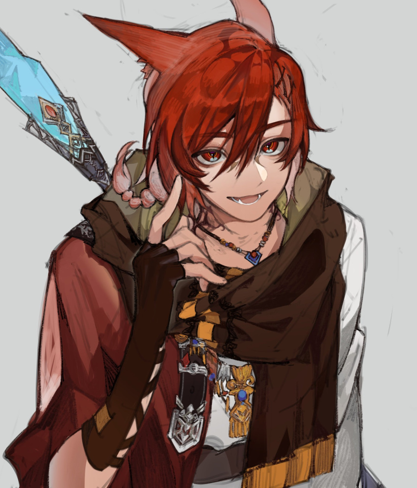 1boy animal_ears brown_scarf cat_boy cat_ears ciino00o facial_mark final_fantasy final_fantasy_xiv fingerless_gloves g'raha_tia gloves grey_background hair_between_eyes highres jewelry looking_at_viewer male_focus miqo'te necklace open_mouth red_eyes redhead scarf short_hair slit_pupils smile solo upper_body
