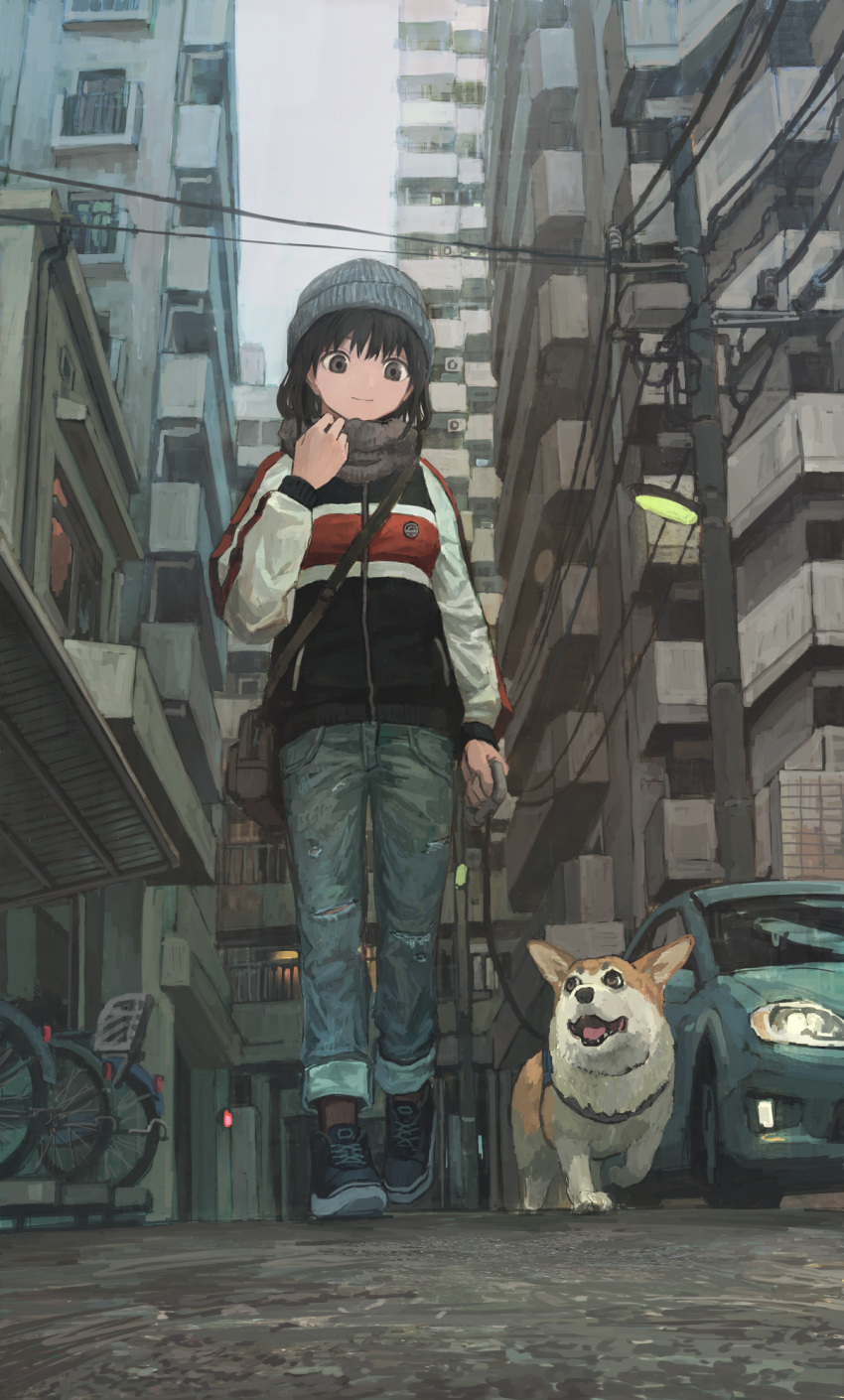 1girl animal beanie black_eyes black_hair car city cityscape day denim dog dog_walking ground_vehicle hat highres jacket jeans leash motor_vehicle original outdoors pants scarf smile tokunaga_akimasa walking