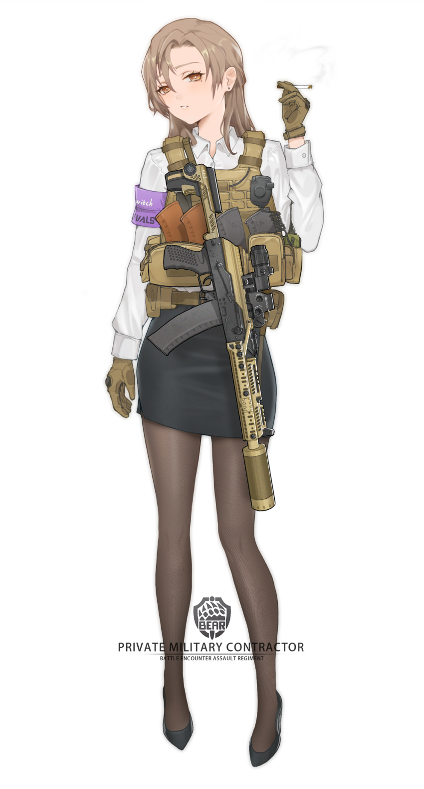 1girl absurdres ak-105 ammunition_pouch arm_at_side armband assault_rifle bangs belt black_footwear black_pantyhose black_skirt brown_belt brown_eyes brown_gloves brown_hair bulletproof_vest cable cigarette collared_shirt earrings english_text eotech escape_from_tarkov full_body gloves gun highres holding jewelry kalashnikov_rifle load_bearing_vest logo long_hair long_sleeves looking_away magazine_(weapon) mole mole_under_eye office_lady optical_sight original pantyhose parted_bangs parted_lips pencil_skirt plate_carrier pouch purple_armband rifle shirt simple_background skirt smoking solo somnuss standing stud_earrings tactical_clothes utility_belt walkie-talkie weapon white_background white_shirt