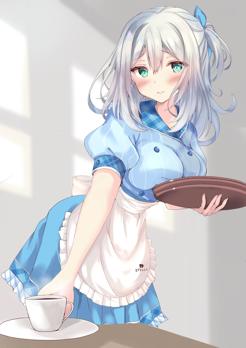 1girl absurdres apron aqua_hair bangs blue_ribbon blue_skirt blush breasts breasts_on_tray buttons cafe_stella_to_shinigami_no_chou coffee coffee_cup company_connection cup disposable_cup eyelashes frilled_apron frilled_skirt frills furrowed_brow green_eyes hair_between_eyes hair_ribbon highres holding holding_tray indoors k_kuro2 large_breasts looking_at_viewer medium_hair outstretched_arm parted_bangs parted_lips pinstripe_pattern pinstripe_shirt plaid_collar puffy_short_sleeves puffy_sleeves ribbon riddle_joker shikibu_mayu shirt short_sleeves side_ponytail sidelocks simple_background skirt smile standing striped tray waitress wavy_hair white_ribbon yuzu-soft