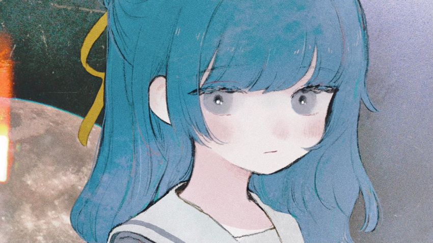 1girl bangs blue_hair blunt_bangs blush close-up expressionless full_moon grey_eyes hair_ribbon half_updo long_hair looking_at_viewer moon original photo_background ribbon sailor_collar solo space yellow_ribbon yorunogumo