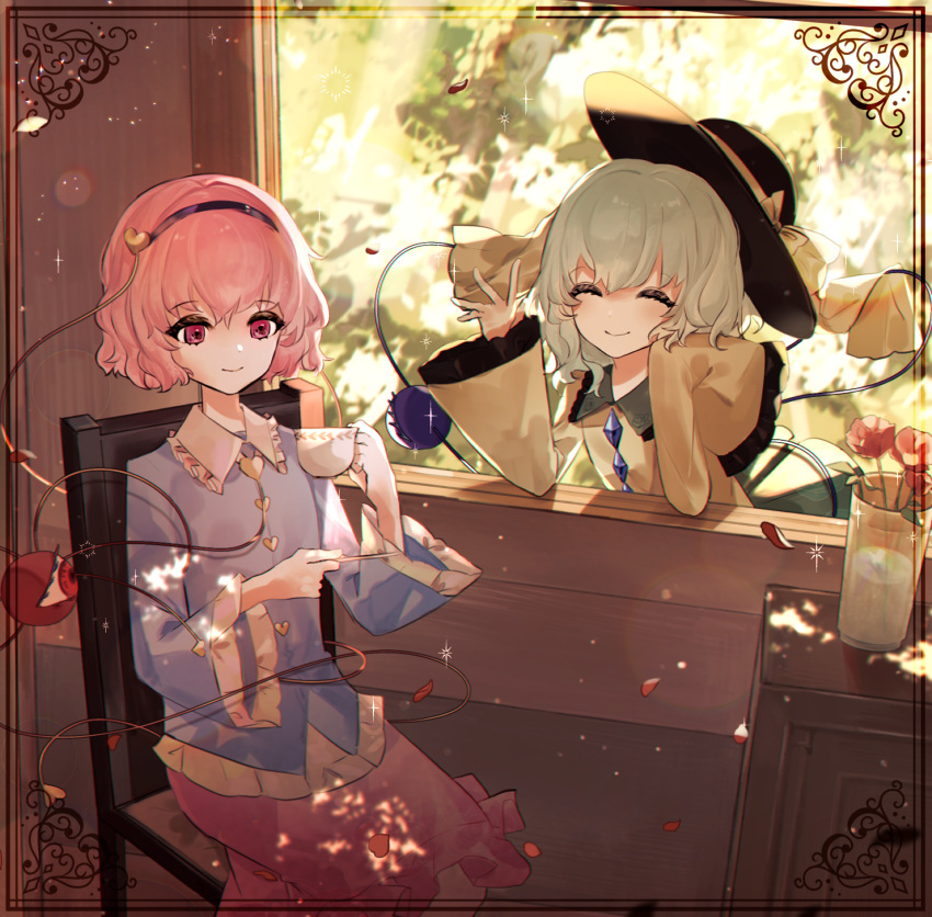 2girls ariez arm_support black_hairband black_headwear blouse blue_shirt blush bow buttons chair closed_eyes closed_mouth commission commissioner_upload cup desk diamond_button facing_another falling_petals flower frilled_shirt_collar frilled_sleeves frills green_hair hair_ornament hairband hat hat_bow hat_ribbon head_rest heart heart_button heart_hair_ornament highres holding holding_cup holding_saucer indoors komeiji_koishi komeiji_satori long_sleeves medium_hair multiple_girls non-web_source on_chair open_window petals pink_eyes pink_hair pink_skirt red_flower red_rose ribbon rose rose_petals saucer shirt short_hair siblings sisters sitting skeb_commission skirt smile sparkle teacup third_eye touhou vase waving wide_sleeves window yellow_bow yellow_ribbon yellow_shirt