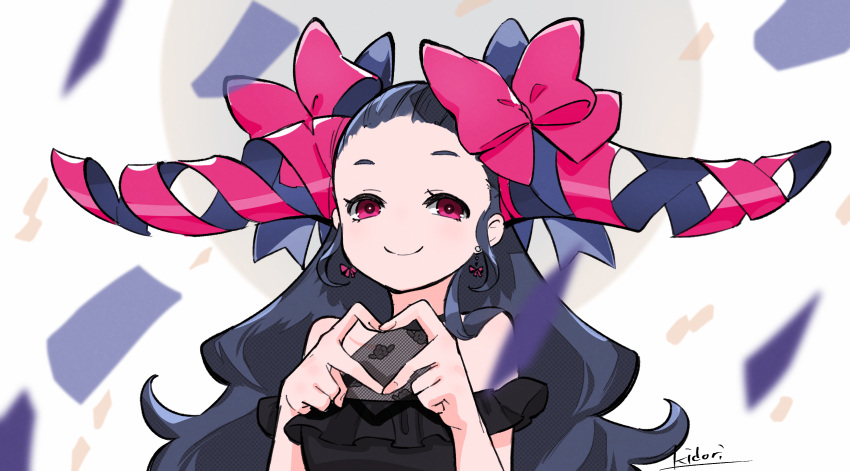 1girl black_hair bow bow_earrings dangle_earrings earrings fake_horns frills hair_bow hair_pulled_back heart heart_hands highres horns jewelry lace long_hair looking_at_viewer off_shoulder original pink_eyes ribbon smile solo yau5531