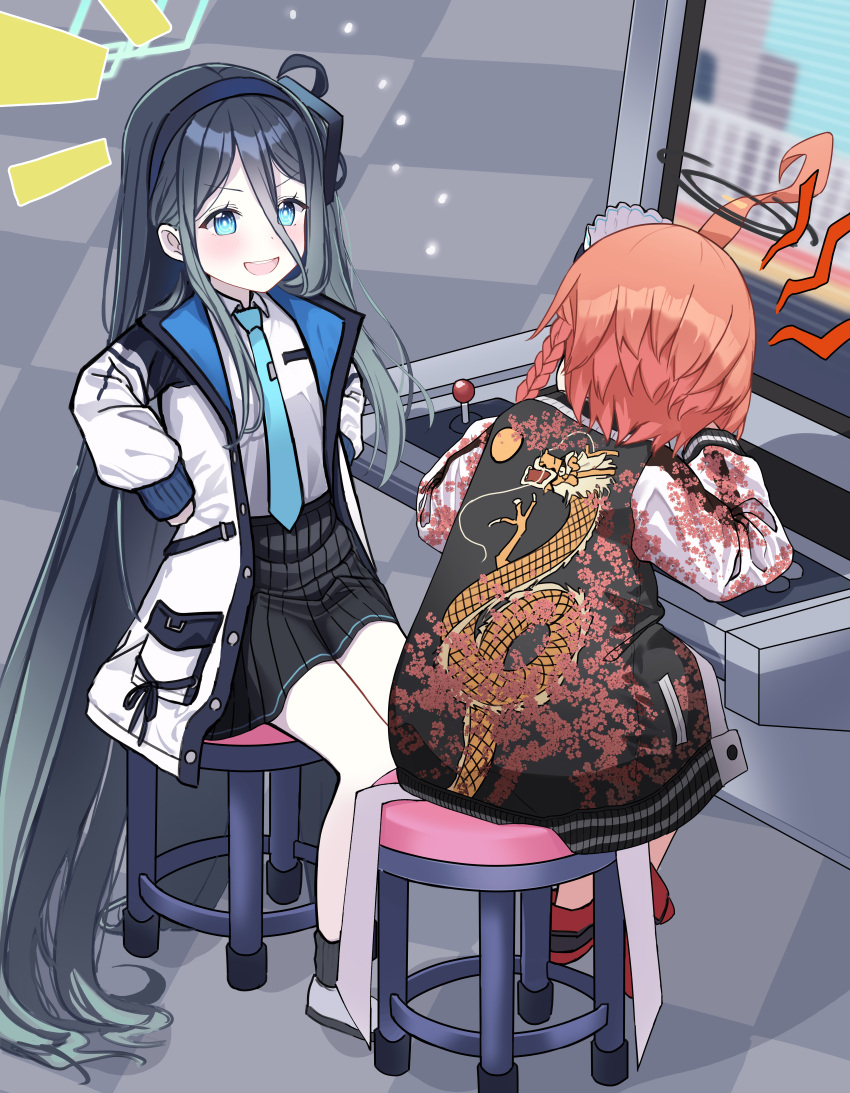 2girls absurdres ahoge annoyed arcade aris_(blue_archive) blue_archive blue_eyes blue_hair blush chair commentary_request dark_blue_hair floor halo highres jacket laughing long_hair momip multiple_girls necktie neru_(blue_archive) open_mouth redhead school_uniform sitting very_long_hair