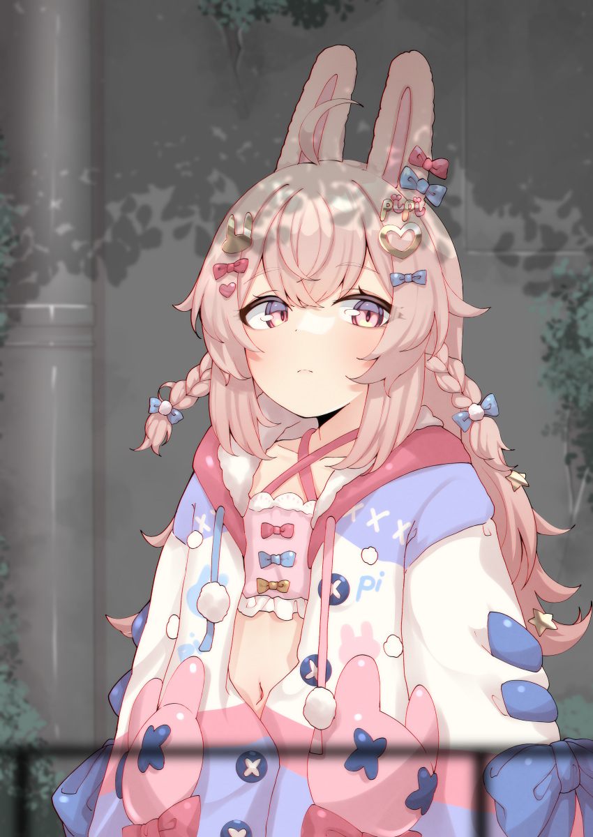 1girl absurdres ahoge animal_ears blurry braid depth_of_field frown hair_ornament hairclip highres jacket long_hair navel phase_connect pink_eyes pink_hair pipkin_pippa plant rabbit_ears railing shadow solo twin_braids valefal_coneri virtual_youtuber wide_sleeves