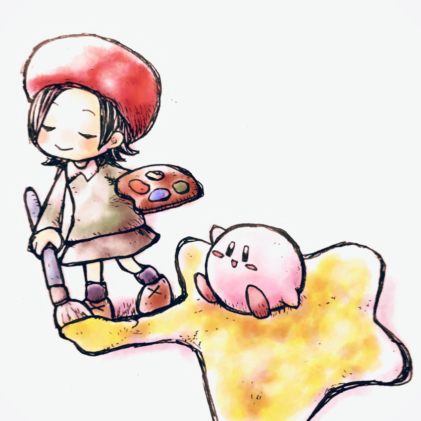 1girl 1other adeleine black_hair blush chibi closed_eyes closed_mouth colored_skin green_shirt grey_skin highres hisashicomv789 kirby kirby_(series) paintbrush palette_(object) red_headwear shirt short_hair simple_background smile star_(symbol)