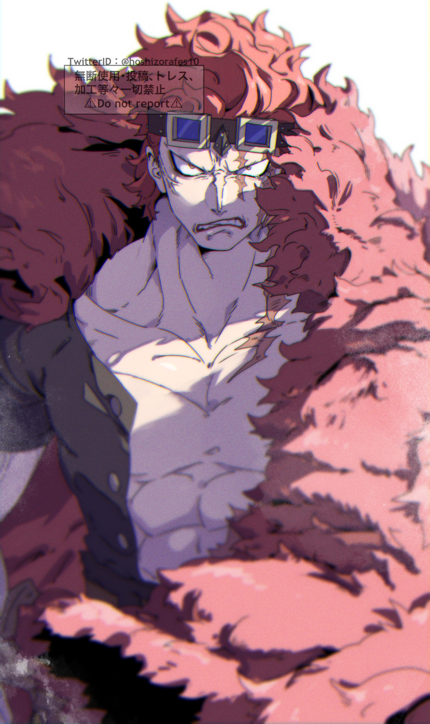 1boy abs absurdres angry artist_name black_shirt buttons cape clenched_teeth collarbone commentary_request eustass_captain_kid fur_cape glaring goggles goggles_on_head highres hoshikawa_(hoshizorafes) looking_at_viewer male_focus muscular muscular_male one_piece open_clothes open_shirt parted_lips pectorals red_cape redhead scar scar_on_chest scar_on_face shirt short_hair short_sleeves simple_background solo spiky_hair teeth twitter_username upper_body v-shaped_eyes watermark white_background