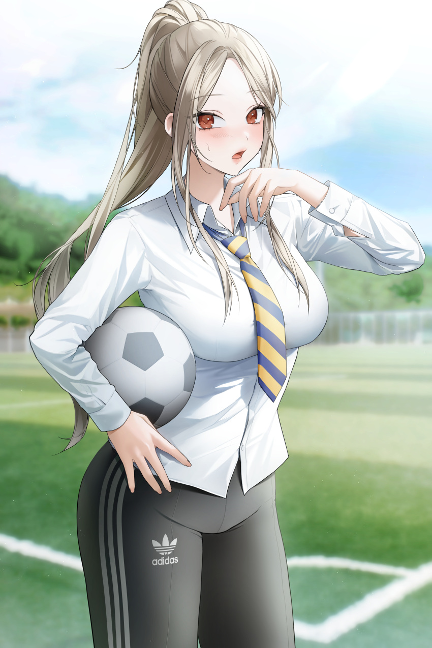 1girl absurdres adidas ball black_pants blurry blurry_background blush breasts brown_eyes collared_shirt commentary diagonal-striped_necktie feet_out_of_frame grey_hair hand_up highres hiya_0 large_breasts long_hair long_sleeves looking_at_viewer necktie open_mouth original outdoors pants parted_lips ponytail shirt sidelocks soccer_ball solo sweatdrop symbol-only_commentary white_shirt