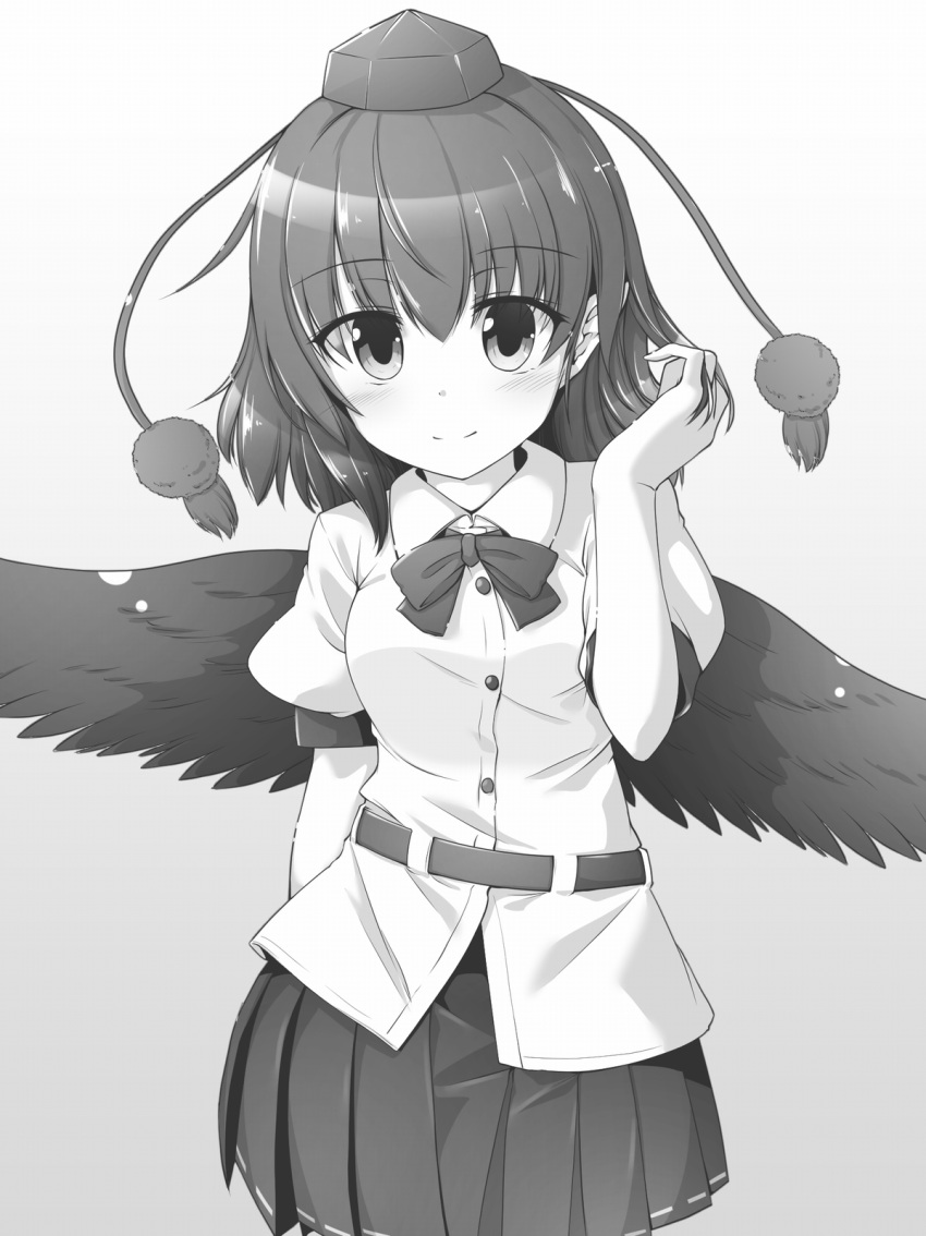 1girl bow bowtie breasts buttons closed_mouth collared_shirt cowboy_shot dress_shirt feathered_wings gradient gradient_background grey_background greyscale hand_in_own_hair hat highres looking_at_viewer marukyuu_ameya medium_breasts medium_hair monochrome pleated_skirt pointy_ears pom_pom_(clothes) puffy_short_sleeves puffy_sleeves shameimaru_aya shirt shirt_belt short_sleeves simple_background skirt smile solo tassel tokin_hat touhou white_background wings