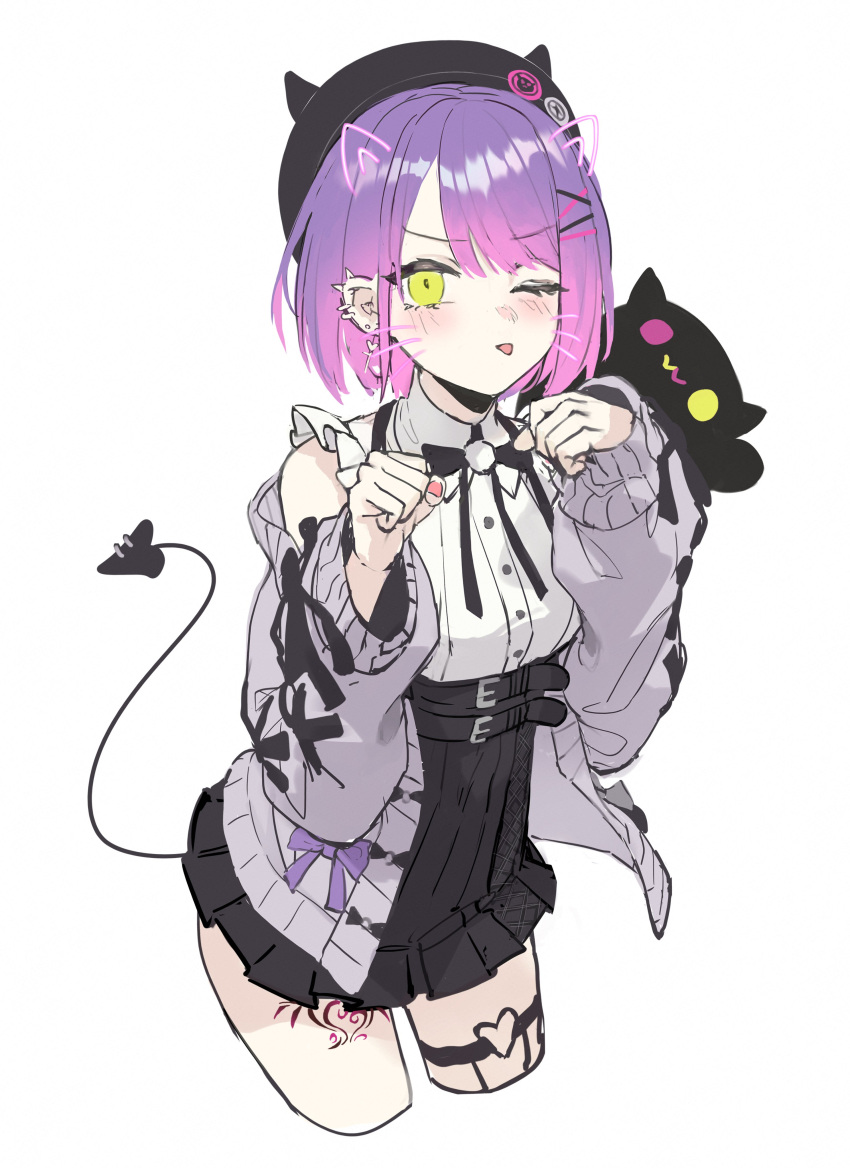 1girl absurdres animal_ears badosan21 belt breasts cropped_legs earrings fake_animal_ears green_eyes hat highres hololive jewelry leg_tattoo looking_at_viewer medium_breasts one_eye_closed pink_hair solo tail tattoo thigh_strap thighs tokoyami_towa tongue tongue_out transparent_background virtual_youtuber