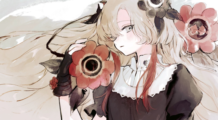 1girl asymmetrical_sleeves black_dress black_gloves collar collared_dress commentary_request creature dress expressionless familiar fingerless_gloves floating_hair flower gloves grey_eyes grey_hair hair_flower hair_ornament hair_over_one_eye highres isekai_joucho kamitsubaki_studio long_hair looking_at_viewer multicolored_hair redhead two-tone_hair upper_body virtual_youtuber white_collar yorunogumo