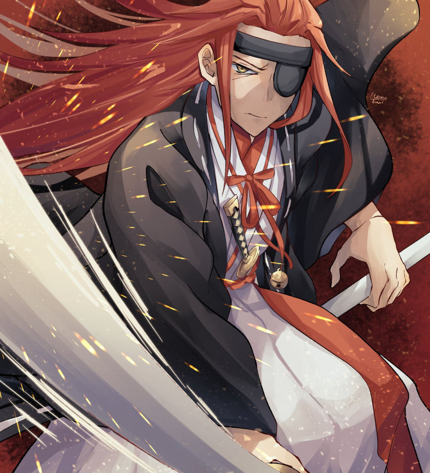 1boy embers hair_slicked_back hanna_(y_m_d_jgkrk) haori highres holding holding_weapon japanese_clothes jigokuraku katana long_hair looking_at_viewer red_background red_theme redhead robe slashing solo sword weapon white_robe yamada_asaemon_eizen yellow_eyes