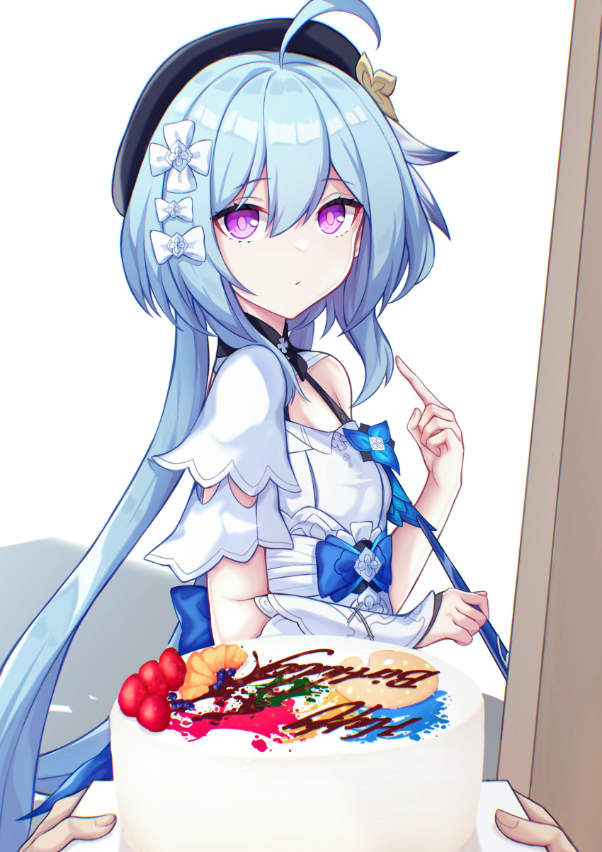 1girl absurdres ahoge birthday_cake black_headwear blue_hair bow cake closed_mouth dress food griseo hair_between_eyes hair_bow hat highres holding holding_paintbrush honkai_(series) honkai_impact_3rd jo_an long_hair looking_at_viewer paintbrush pointing pointing_at_self pov pov_hands single_bare_shoulder solo_focus very_long_hair violet_eyes white_bow white_dress