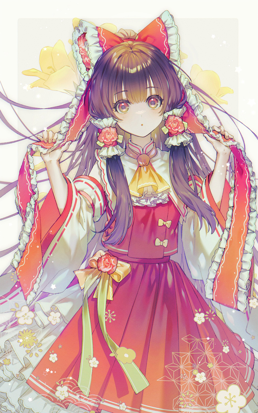 1girl :o absurdres ascot bangs bow brown_hair commentary detached_sleeves feet_out_of_frame flower frilled_ascot frilled_bow frilled_hair_tubes frilled_ribbon frills hair_bow hair_tubes hakurei_reimu hands_up here_(hr_rz_ggg) highres holding holding_ribbon long_hair looking_at_viewer open_mouth petticoat red_bow red_eyes red_flower red_ribbon red_rose red_skirt red_vest ribbon ribbon-trimmed_sleeves ribbon_trim rose skirt solo symbol-only_commentary too_many too_many_frills touhou two-sided_sleeves very_long_hair vest white_flower white_sleeves wide_sleeves yellow_ascot yellow_bow