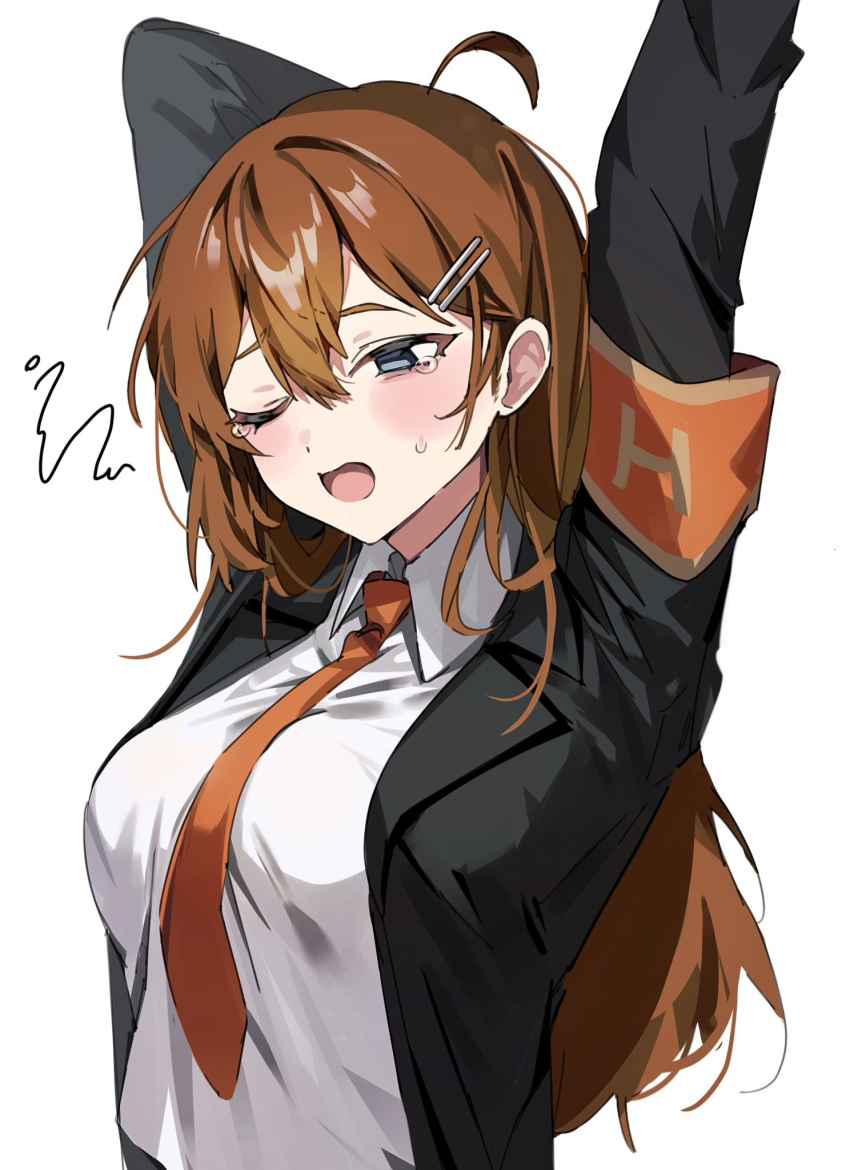 1girl ahoge armband bangs black_suit blue_eyes breasts brown_hair collared_shirt formal hair_ornament hairclip highres hod_(project_moon) lobotomy_corporation long_hair mu46016419 necktie orange_necktie project_moon shirt stretching suit tears white_shirt