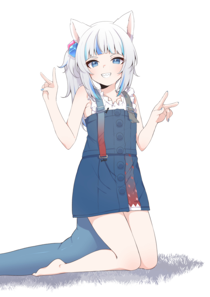 1girl absurdres animal_ears armpit_crease bangs bare_legs barefoot blue_dress blue_eyes blue_hair blue_nails blunt_bangs blush cat_ears cat_girl clenched_teeth collarbone double_v dress eyelashes feet flat_chest frilled_sleeves frills full_body gawr_gura gradient_hair grey_hair hair_ornament hands_up highres hololive hololive_english kneeling legs long_hair looking_at_viewer multicolored_hair nail_polish official_alternate_costume shadow shark_girl shark_print sharp_teeth side_ponytail sidelocks solo streaked_hair teeth thighs toes v valefal_coneri virtual_youtuber white_hair