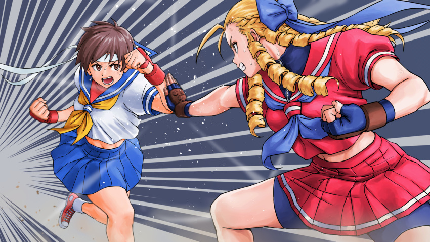 2girls antenna_hair bangs battle blonde_hair blue_bow blue_gloves blue_sailor_collar blue_skirt bow braid breasts brown_eyes brown_hair clenched_hands clenched_teeth cowboy_shot crop_top fighting_stance fingerless_gloves gloves hair_bow headband highres kanzuki_karin kasugano_sakura long_hair medium_breasts multiple_girls neckerchief open_mouth pleated_skirt puffy_short_sleeves puffy_sleeves red_footwear red_shirt red_skirt ringlets sailor_collar school_uniform serafuku shirt shoes short_hair short_sleeves shorts shorts_under_skirt shouting skirt sneakers street_fighter sweat teeth turtleneck white_headband white_shirt wristband x_chitch yellow_neckerchief