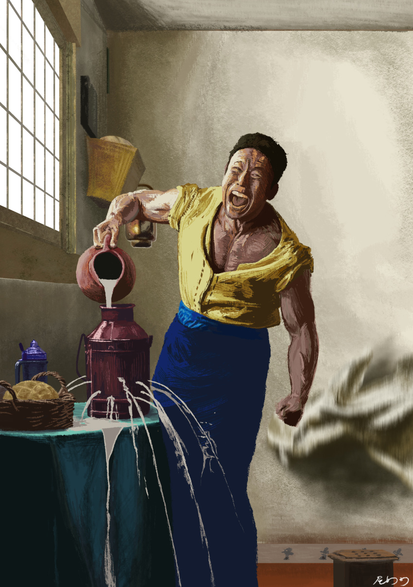 1boy absurdres basket black_hair blue_skirt bread clenched_hand commentary_request fine_art_parody food highres holding indoors jug kitchen long_skirt male_focus milk muscular muscular_male music_hour nakayama_kinni-kun open_mouth parody pouring shirt short_hair shouting skirt solo table tablecloth the_milkmaid very_short_hair window yellow_shirt
