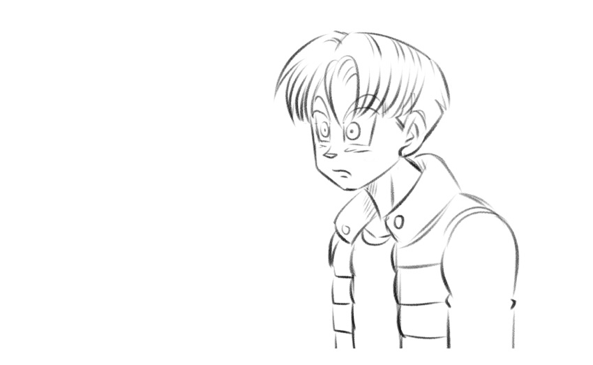 1boy bangs blush collar collared_jacket dragon_ball dragon_ball_super funsexydb graphite_(medium) greyscale highres jacket monochrome open_clothes open_jacket short_hair simple_background solo surprised traditional_media trunks_(dragon_ball) trunks_(future)_(dragon_ball) white_background