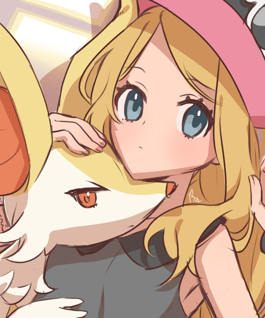 1girl 1other animal_ear_fluff animal_ears animal_nose artist_name bangs black_shirt blonde_hair blue_eyes blush body_fur braixen closed_mouth commentary_request expressionless flat_chest fox_ears furry hand_on_another's_head hands_up hat highres hug light_blush long_hair looking_at_viewer partial_commentary pokemon pokemon_(creature) pokemon_(game) pokemon_xy red_eyes red_headwear redcat13 serena_(pokemon) shirt sidelocks signature sketch sleeveless sleeveless_shirt snout two-tone_fur upper_body white_fur yellow_fur