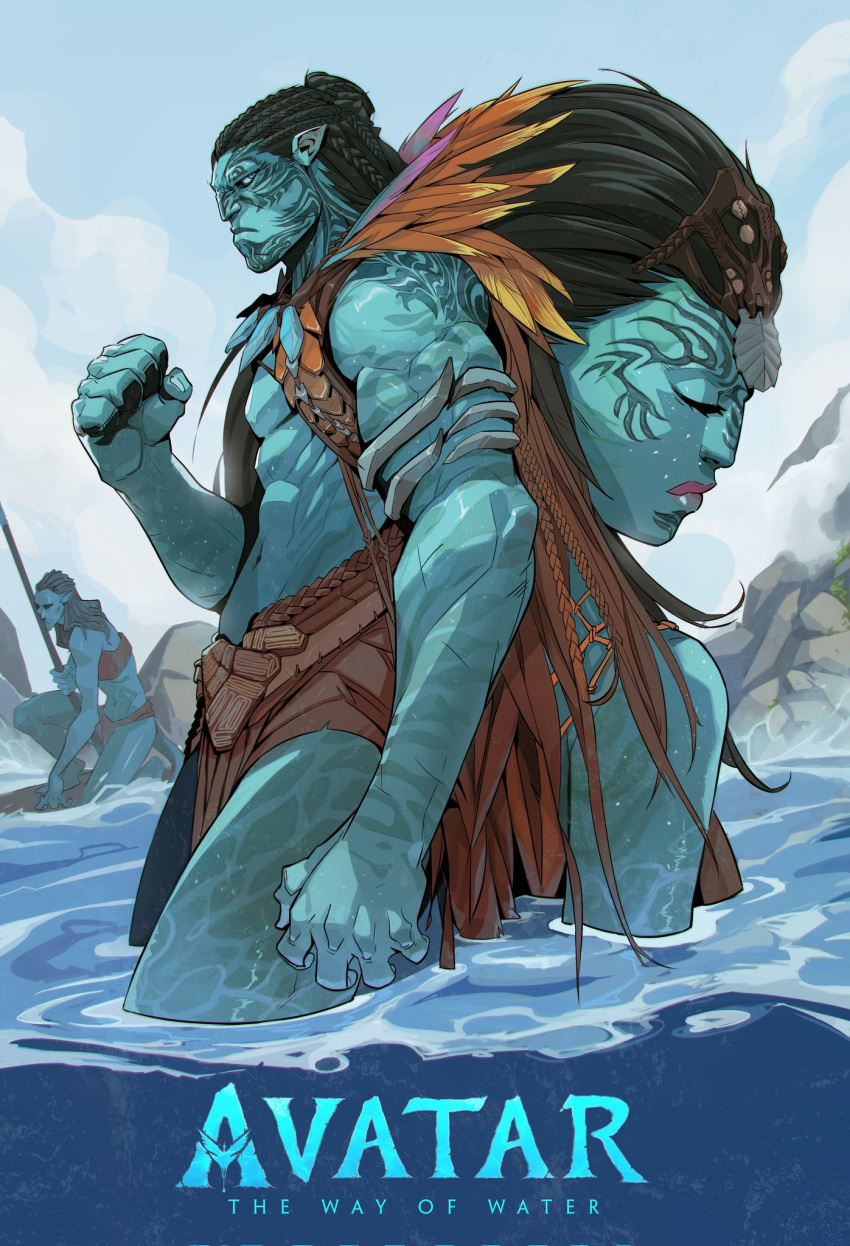1boy 2girls alien armlet avatar:_the_way_of_water black_hair blue_eyes blue_skin blue_sky bosslogic clenched_hand collaboration colored_skin cornrows english_commentary facial_tattoo feather_trim hicham_habchi highres husband_and_wife inset james_cameron's_avatar loincloth long_hair multiple_girls muscular muscular_male na'vi official_art pointy_ears ronal_(avatar) second-party_source sky solo_focus tattoo tonowari_(avatar) topless_male tribal_tattoo wading