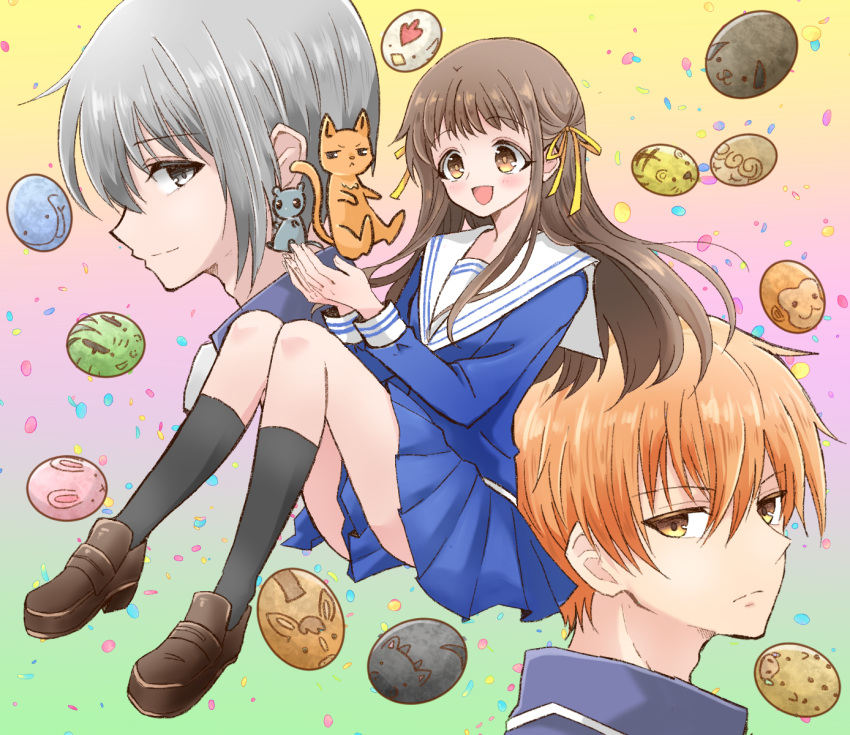 1girl 2boys animalization black_socks blue_shirt blue_skirt blush brown_eyes brown_footwear brown_hair cat chinese_zodiac dual_persona fruits_basket full_body gradient gradient_background grey_eyes grey_hair grey_shirt hair_between_eyes hair_ribbon highres honda_tohru kira0902 loafers long_hair long_sleeves looking_at_viewer mouse multiple_boys open_mouth orange_eyes orange_hair own_hands_together pleated_skirt ribbon sailor_collar school_uniform serafuku shirt shoes short_hair skirt smile socks souma_kyou souma_yuki upper_body white_sailor_collar yellow_ribbon