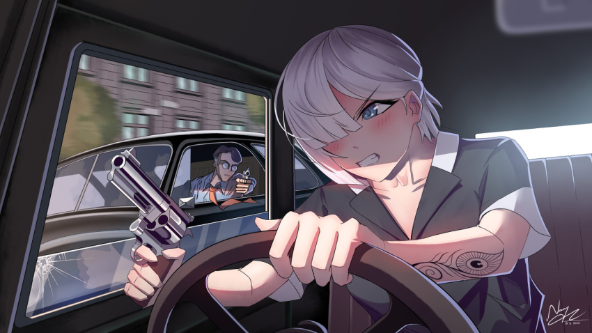 1boy 1girl aiming angry arm_tattoo bangs blue_eyes blush building bullet_hole car car_interior chasing clenched_teeth closed_mouth collarbone collared_shirt day dress_shirt driving english_commentary finger_on_trigger glasses grey_shirt ground_vehicle gun hair_over_one_eye handgun holding holding_gun holding_weapon kaungmyat_naing looking_to_the_side motion_blur motor_vehicle necktie one_eye_covered opaque_glasses open_window original rear-view_mirror red_necktie revolver round_eyewear seat shirt short_hair short_sleeves signature sitting steering_wheel tattoo teeth tree two-tone_shirt vengeance weapon white_hair window windshield