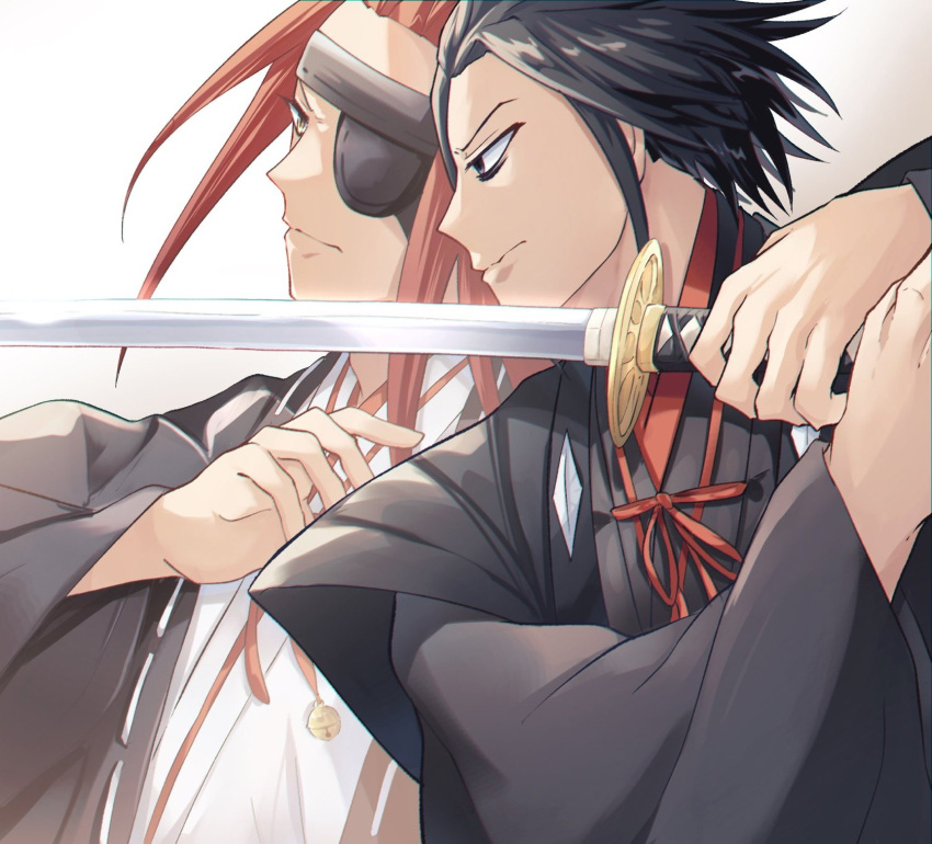 2boys black_hair black_robe brown_hair eyepatch hair_slicked_back hanna_(y_m_d_jgkrk) haori highres holding holding_sword holding_weapon japanese_clothes jigokuraku kataginu katana long_hair looking_to_the_side medium_hair multiple_boys robe sharp_teeth simple_background spiky_hair sword teeth weapon white_background white_robe yamada_asaemon_eizen yamada_asaemon_shugen