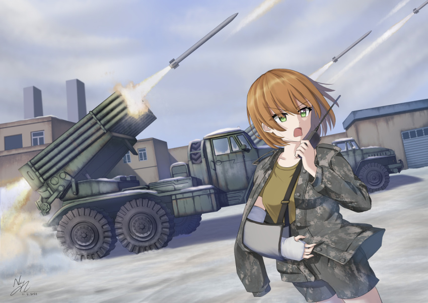 1girl artillery bangs bm-21 brown_hair building camouflage camouflage_jacket camouflage_shorts day explosive green_eyes grey_sky ground_vehicle hair_between_eyes holding_walkie-talkie jacket kaungmyat_naing looking_to_the_side military military_uniform military_vehicle motor_vehicle open_mouth original outdoors rocket_launcher shirt shorts solo t-shirt talking truck uniform walkie-talkie war weapon yellow_shirt