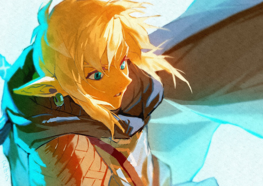 1boy armor bangs blonde_hair blue_cloak blue_eyes cloak earrings hair_between_eyes highres jewelry link looking_to_the_side male_focus medium_hair nanpou_(nanpou0021) parted_lips pointy_ears shoulder_armor sidelocks solo the_legend_of_zelda the_legend_of_zelda:_breath_of_the_wild the_legend_of_zelda:_tears_of_the_kingdom tunic upper_body